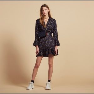 Sandro V-Neck Bell Sleeve Wrap Mini Dres